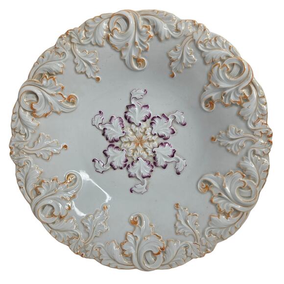 Vintage Meissen Porcelain Bowl Rococco Leaf Purple Gold Relief Luster Floral - Picture 1 of 11